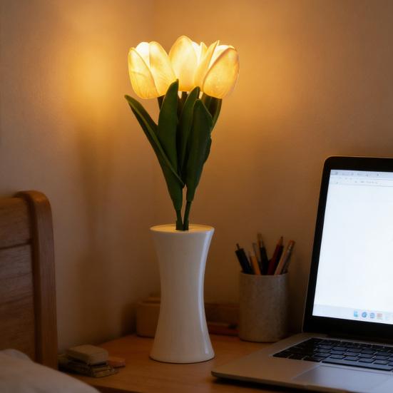 Yousheng Tulip Night Light Battery Powered Soft LED Tulip Night Lamp for Bedroom Desk Living Room Romantic Decoration Energy Saving Bedside Lamp Home