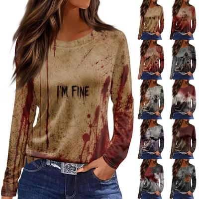 Women's Casual Long Sleeve Pullover Top with Split Hem Halloween Print Crew Neck Sweatshirt for Everyday Wear