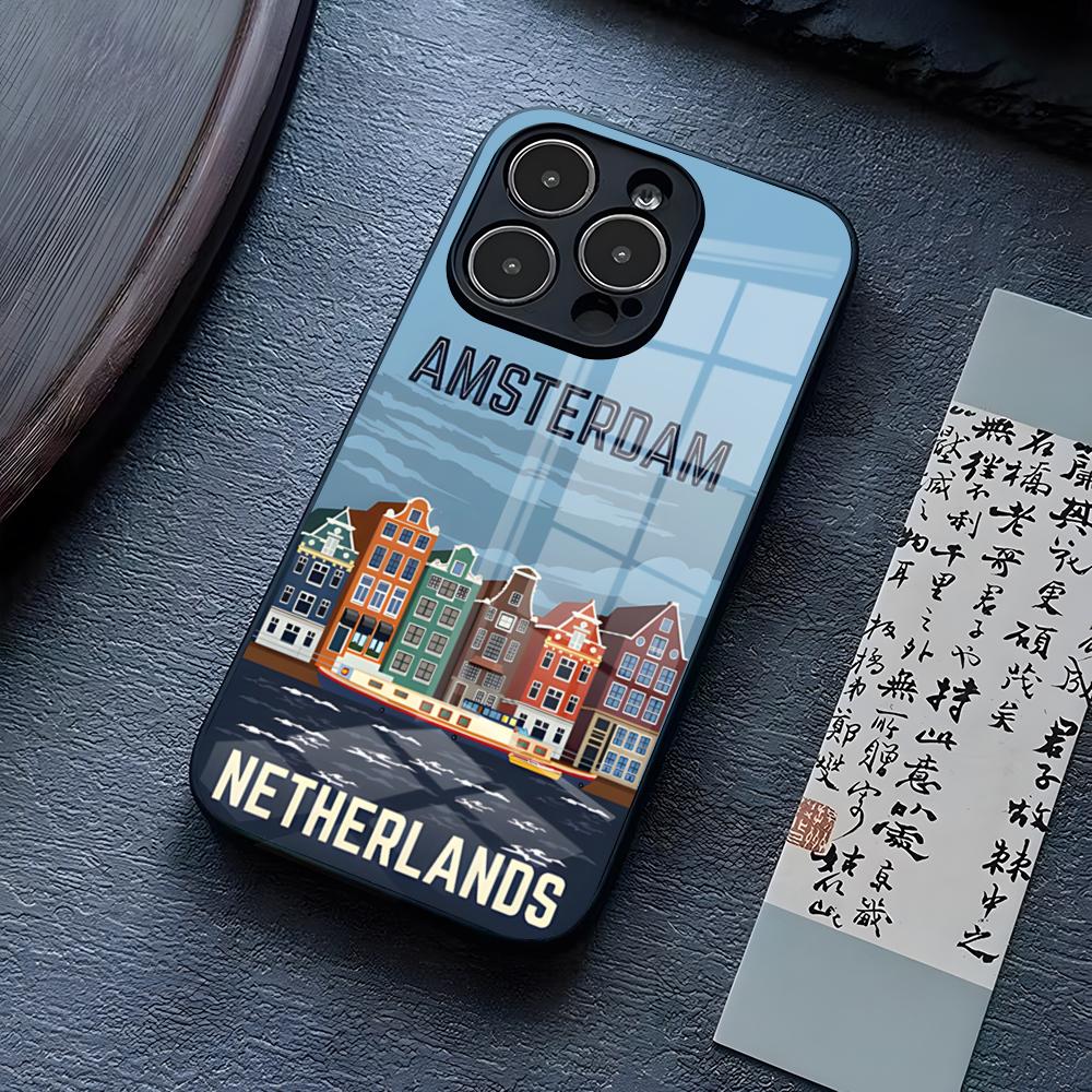 

Amsterdam City Poster Phone Case For IPhone 13 Pro Max 14 16 Plus 12 Mini 11 15 X XR XS 8 7 Plus SE Tempered Glass Cover iPhone15 Pro