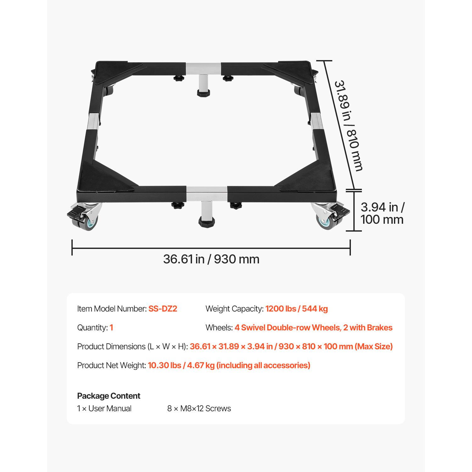 

VEVOR 1200 lbs Fridge Stand Mobile Base with 8 Locking Twin Wheels 23-36.6in Adjustable Furniture Dolly for Washing Machine