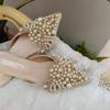 Fashion Elegant Pearl Beaded Slippers Women Brides Wedding Shoes Closed Pointed Toe Flat Sandals Ladies Home Pantuflas Lace Mules Slides