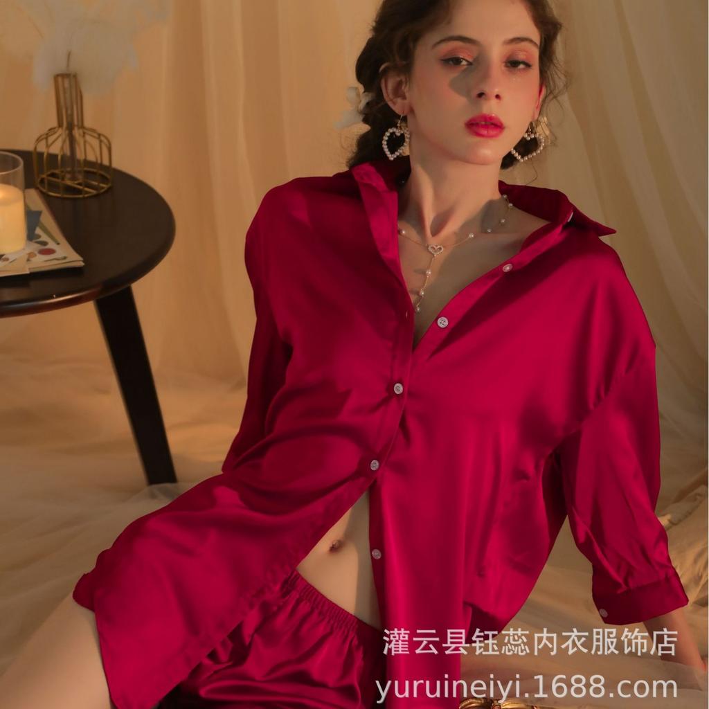 Sexy Boyfriend Style Shirt Women's Spring and Autumn Morning Gown Long-sleeved Satin Can Be Worn Outside Large Size Suit
