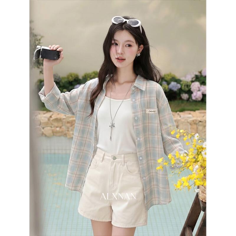 Elegant Bean Green Plaid Sun Protection Blouse L
