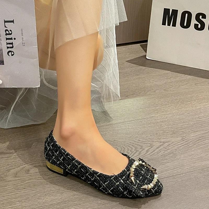 Fashion 2024 New Spring and Summer Pointed Toe Comfortable Casual Flat Shoes Metal Decoration Shallow Mouth Breathable Women's Shoes