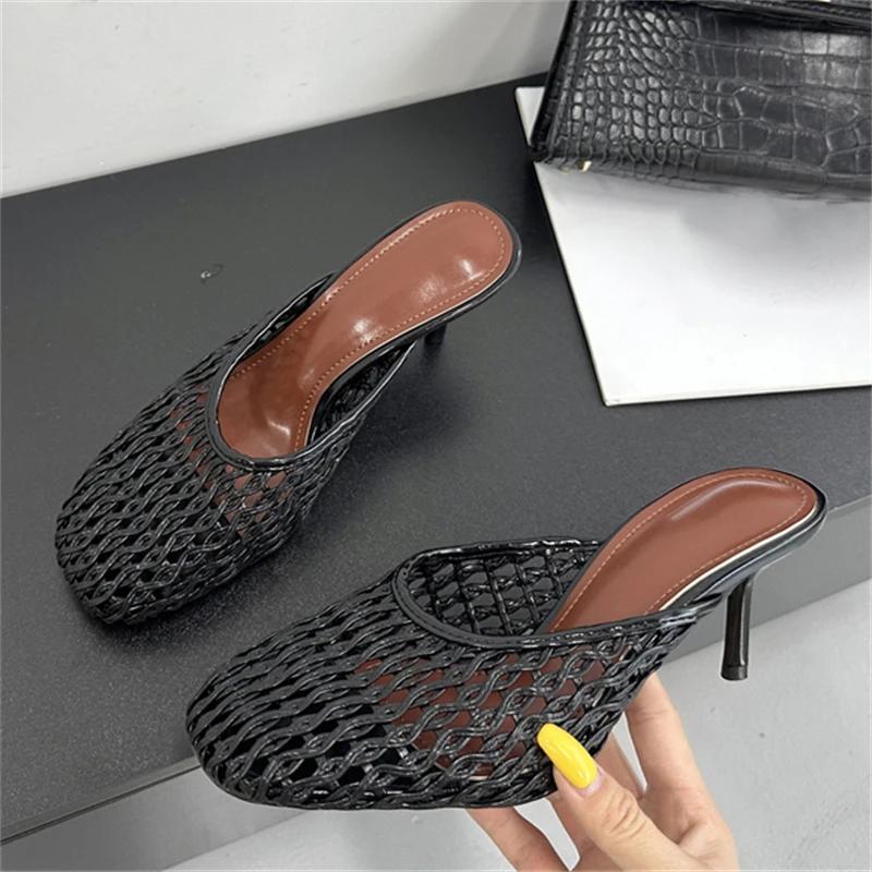 Eilyken Summer Hollow Out Breathable Mesh Weaving Women Slippers Thin Heels Party Dress Mule Shoes Big Size 43
