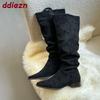 Fashion Fashion Flock Pleated Women Knee High Boots Low Heel Shoes Pointed Toe Modern Ladies Long Boots Female Pumps Shoes