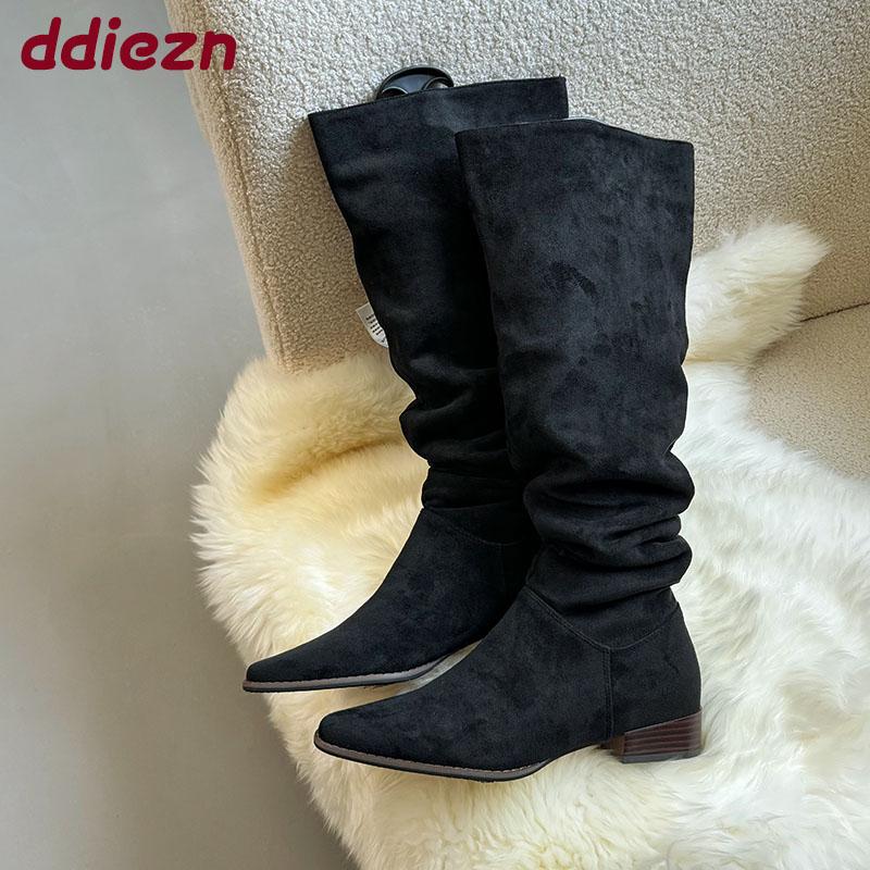 Fashion Fashion Flock Pleated Women Knee High Boots Low Heel Shoes Pointed Toe Modern Ladies Long Boots Female Pumps Shoes