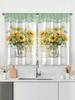 2 Pcs Window curtain,Modern Fresh Checkered Sunflower Printed Home Decoration Kitchen Bedroom Window Curtains With Rod Pocket
