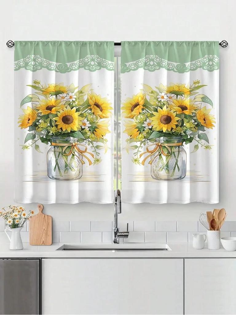 2 Pcs Window curtain,Modern Fresh Checkered Sunflower Printed Home Decoration Kitchen Bedroom Window Curtains With Rod Pocket