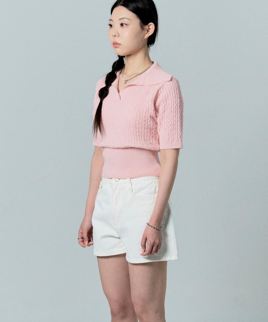 Tobaseu Boucle Cotton Cable Collar Short Sleeve Knit (Pink)