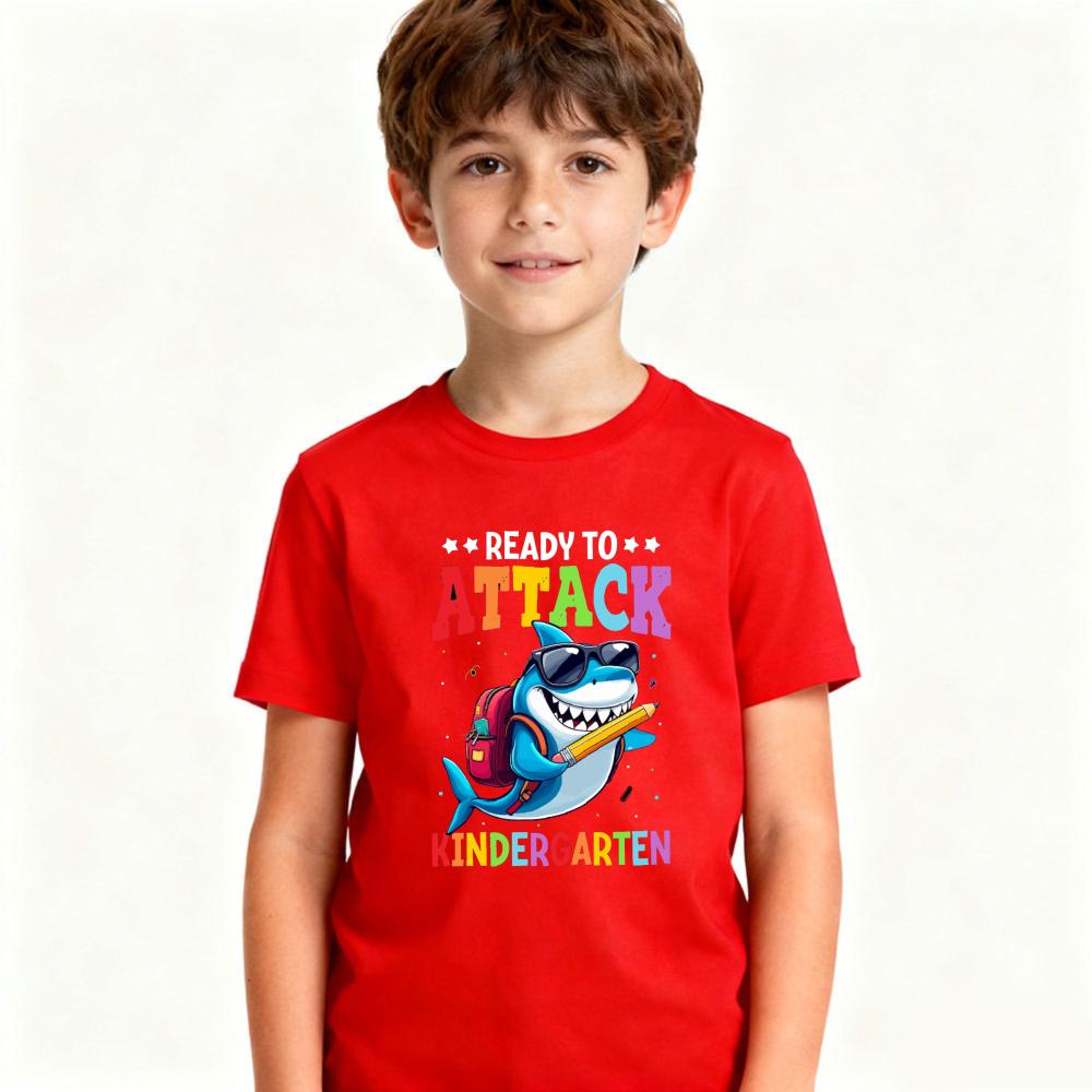READY TO ATTACK KINDERGARTEN Funny Shark Graphic Printed T-shirt Back To School Season Kids Gift Tee Boys Fashion Casual Tshirt