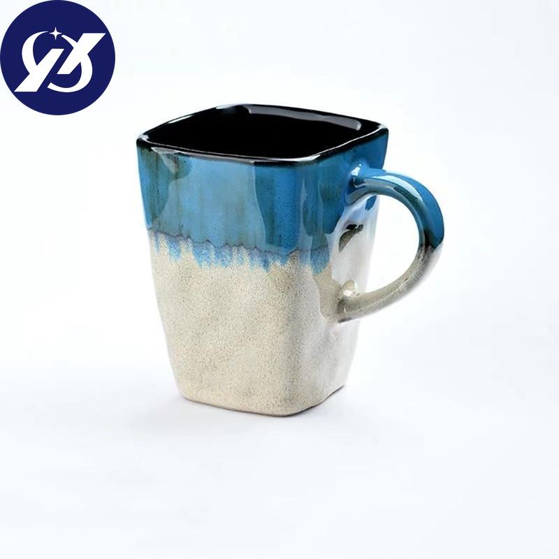 Creative Flow Glaze Square Coffee Mug With Spoon and Lid Retro Tea Cup Simple Household Matte Color Ceramic Milk Water Cup Gift