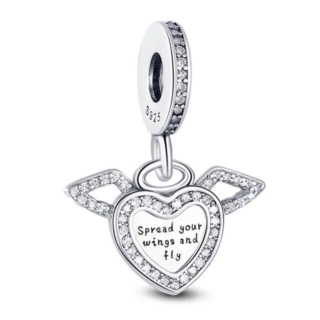 

925 Серебряный Ангел Детские Подвески Цирконий В Форме Сердца Крылья Ангела Висячие Бусины Подходит Модный Браслет Ожерелье Diy Ювелирные Изделия Маркировка