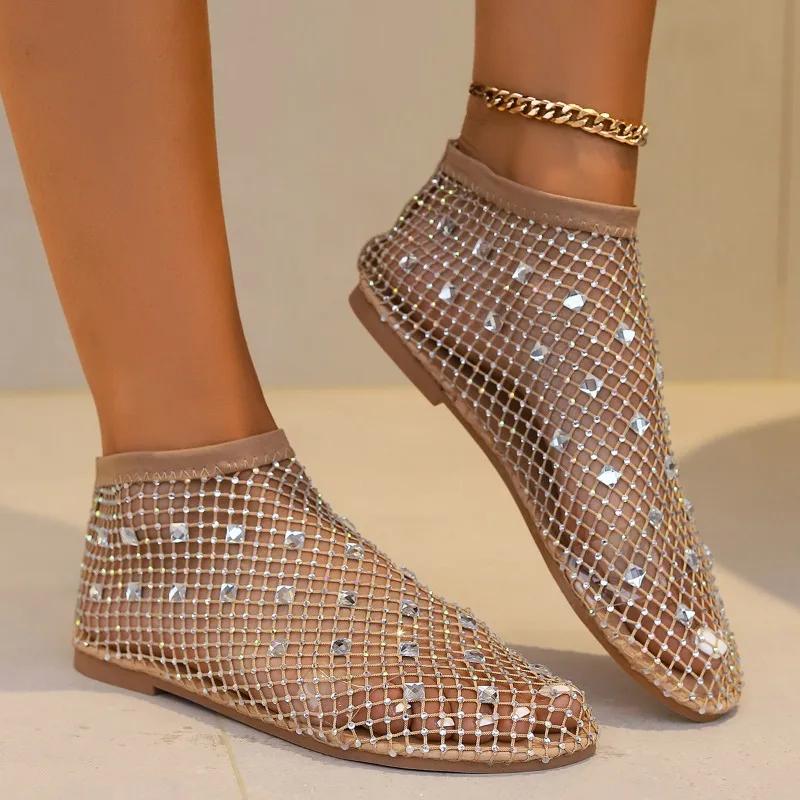 Fashion  Hot Selling Summer Women's New Slippers Hollow Short Boots Rhinestone Sexy Flat Bottom Fashion Banquet Slippers