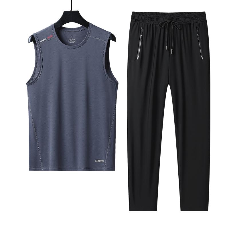 

Large Size Ice Silk Vest Suit Men s Light And Breathable Sports Suit Men s Casual Ice-sense T-shirt Ice Silk Pants Men s Two-piece Set 2XL сірий колір