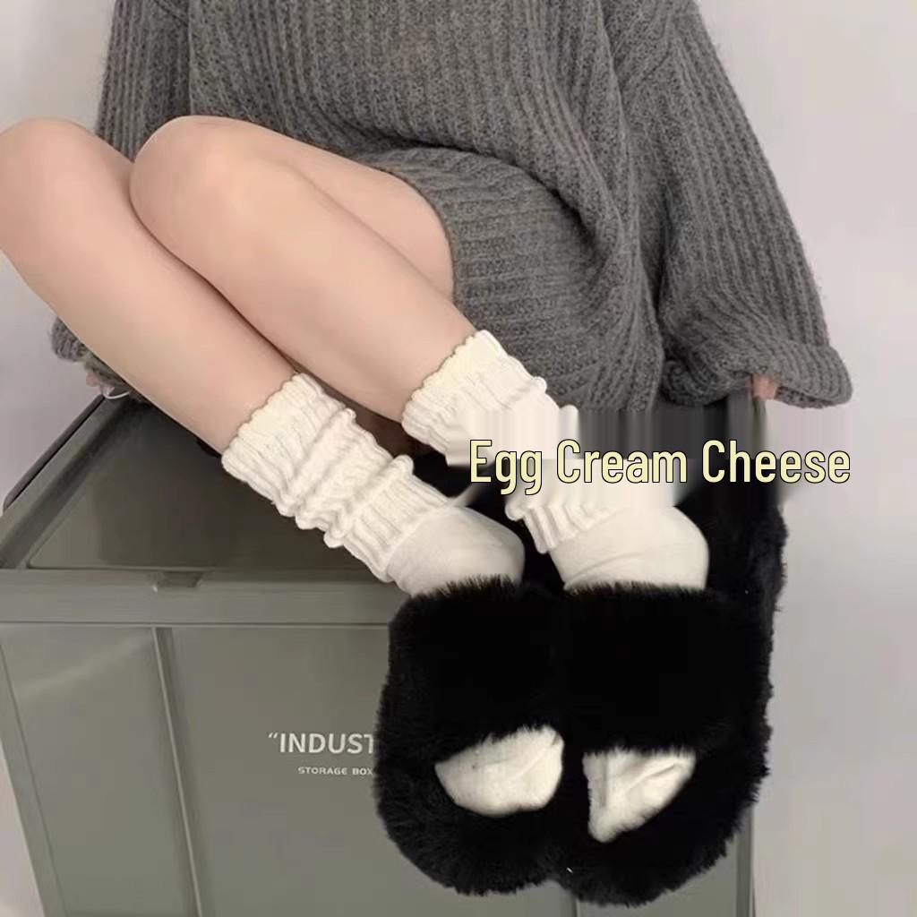 Women's Thick Scrunch Socks: Spring-Summer Mid-Calf, White & Gray Knee-High Wool Knitted Leg Warmers