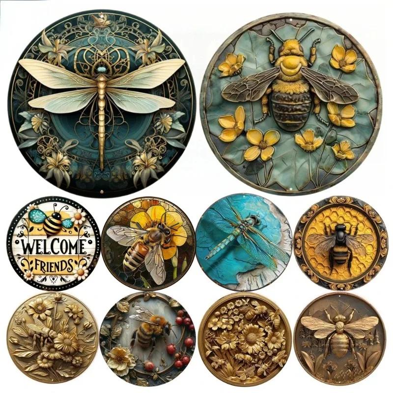 Vintage Botanical Dragonfly Bee Themed Metal Tin Sign HighDefinition Metal Tin Sign D Flat Products Design with Enhanced D