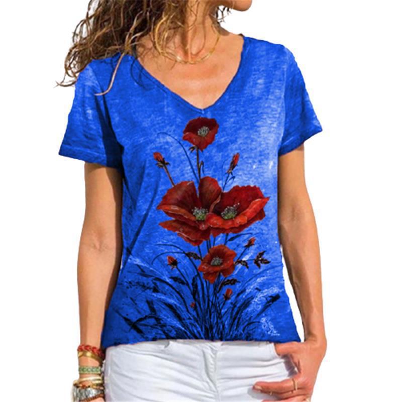 

Summer V-neck 3D Printed Flower Pattern Top Fashionable Casual Short Sleeved Women s T-shirts S