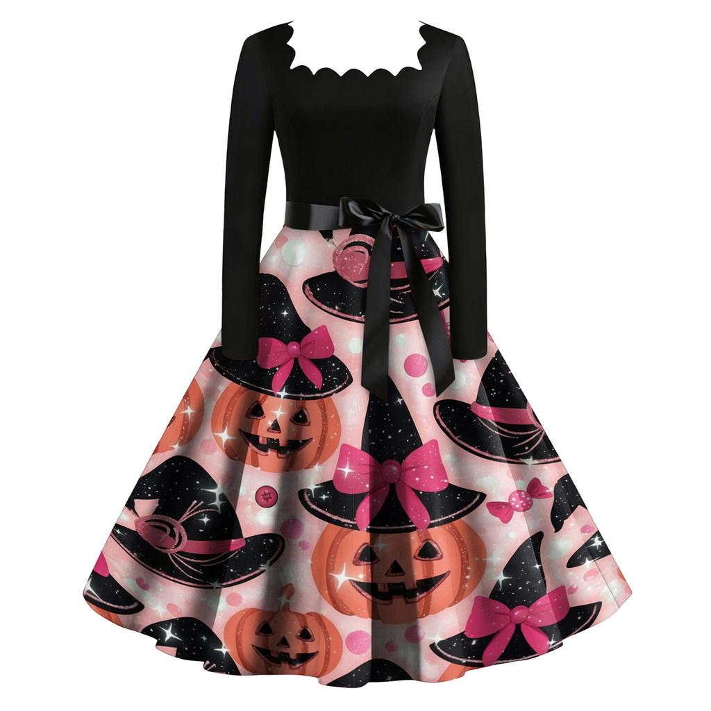 Women Vintage Long Sleeve Square Neck Halloween Print Party Dress Retro Style Full Skirt with Waist Tie Belt
