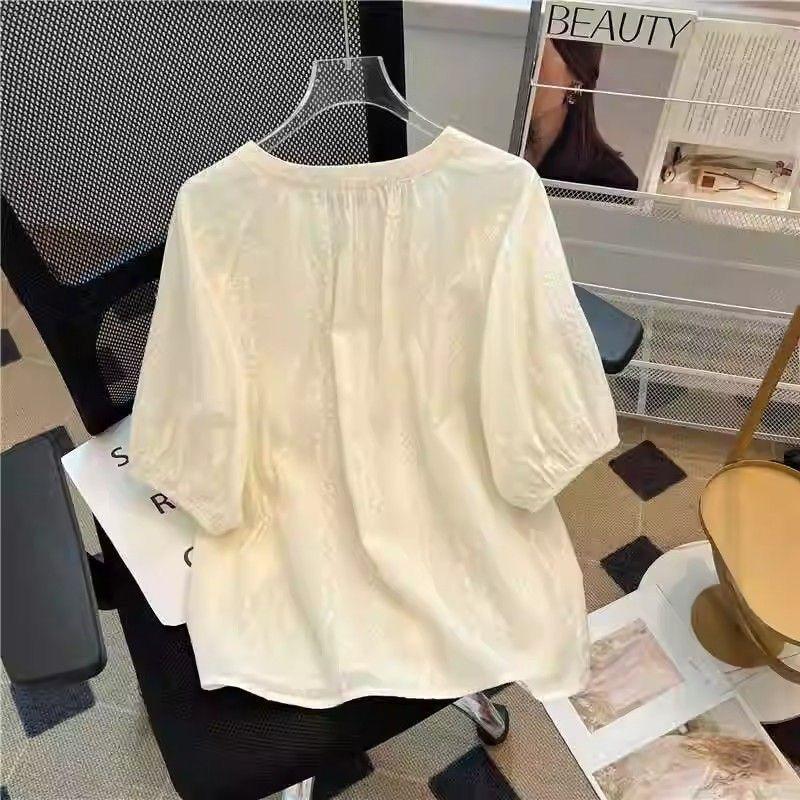 Damska francuska retro żakardowa bawełniana bluzka babydoll z haftem w kolorze morelowym