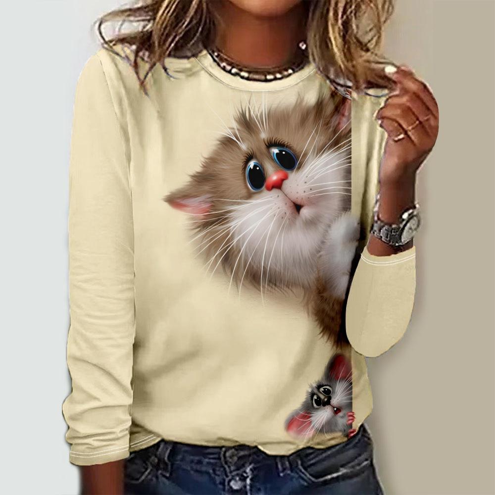 Round Neck 3D Cat Pattern T-shirts Casual Long Sleeved Women's T-shirts - Soft Medium Stretch Polyester Fabric Spring and Autumn Relaxed Fit Clothing