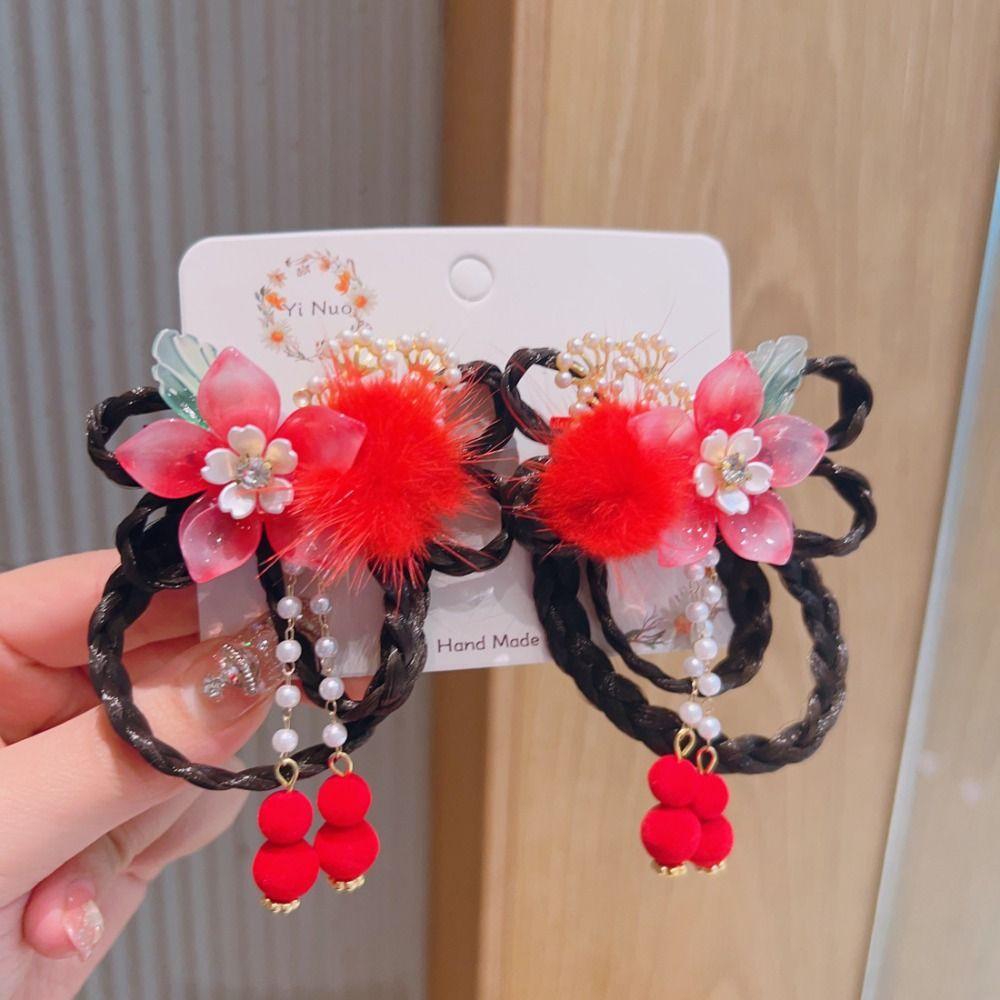 2pcs New Year Headress Wig Braid Hairpin Flower Tassel Hanfu Side Clip Children Bow Hairpin  Girls