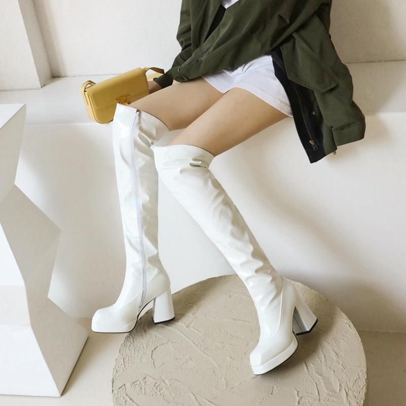 Sexiga lårhöga stövlar för kvinnor Sexiga Patentfetisch festskor Damklackar över knäet Stövlar Röd Svart Röd Vinter Lång Sko