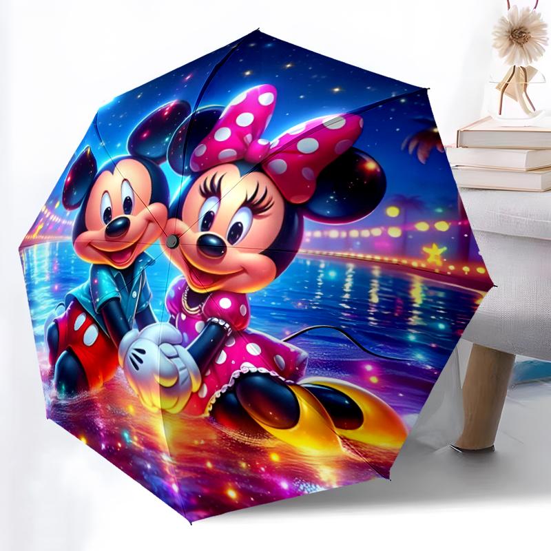 

1pc Sturdy 8-Bone Auto Umbrella, Mickey And Minnie Pastel Floral Confetti Umbrella, Digital Printed, Foldable Umbrella for On-the-Go Outdoor Use