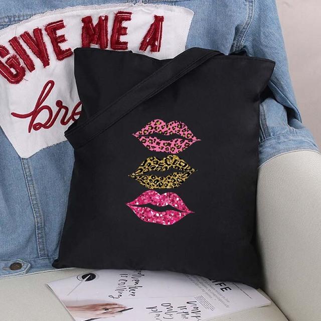 Sexy Lips Large Capacity Women Shopping Bags Shoulder Bag Fashion Black Printing Foldable Handbag Canvas Tote Bag