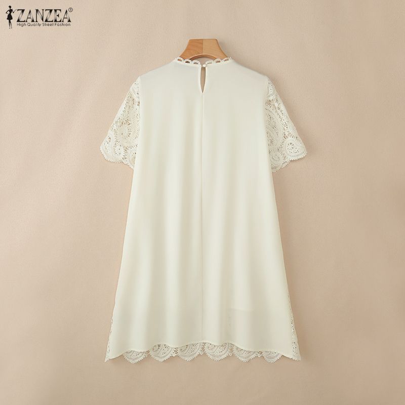 ZANZEA Vestido Casual de Mujer con Cuello Redondo y Manga Corta con Encaje Patchwork
