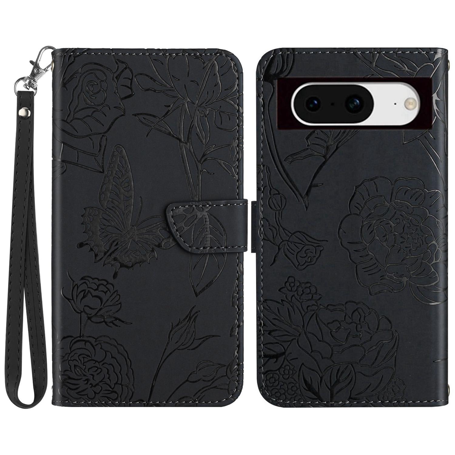 

HT03 For Google Pixel 8a Cover Leather Stand Phone Wallet Case with Wrist Strap Black