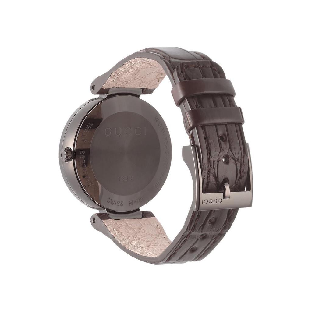 Gucci YA133304 Moteriškas laikrodis su juodu ciferblatu ir rudu odiniu dirželiu