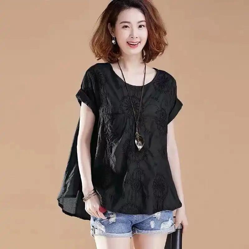 Spring All Match Embroidered Short Sleeved T-shirt for Women's Summer Wear New Loose Casual Slimming Fashion Short Sleeved Top