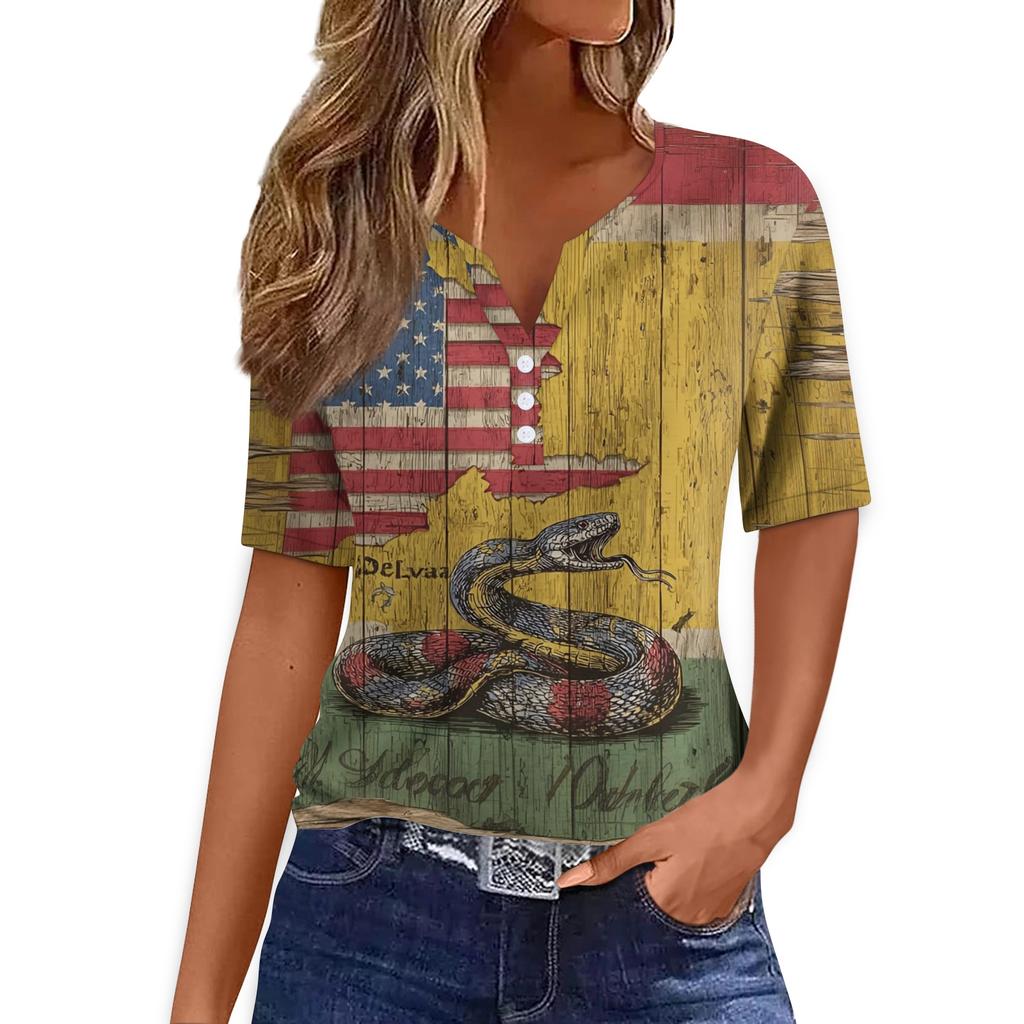 Women's T Shirt Tee Print Button Short Sleeve Daily Weekend Fashion Basic V- Neck Regular Top