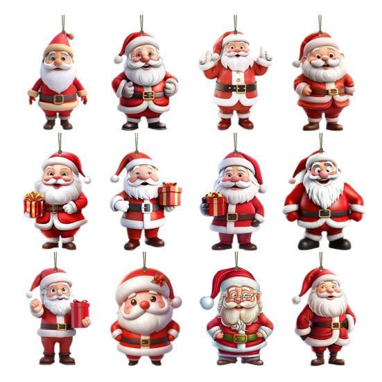 12 Pcs Wooden Santa Claus Ornaments Christmas Tree Hanging Cartoon Santa Claus Decoration for Xmas Tree Party Decor