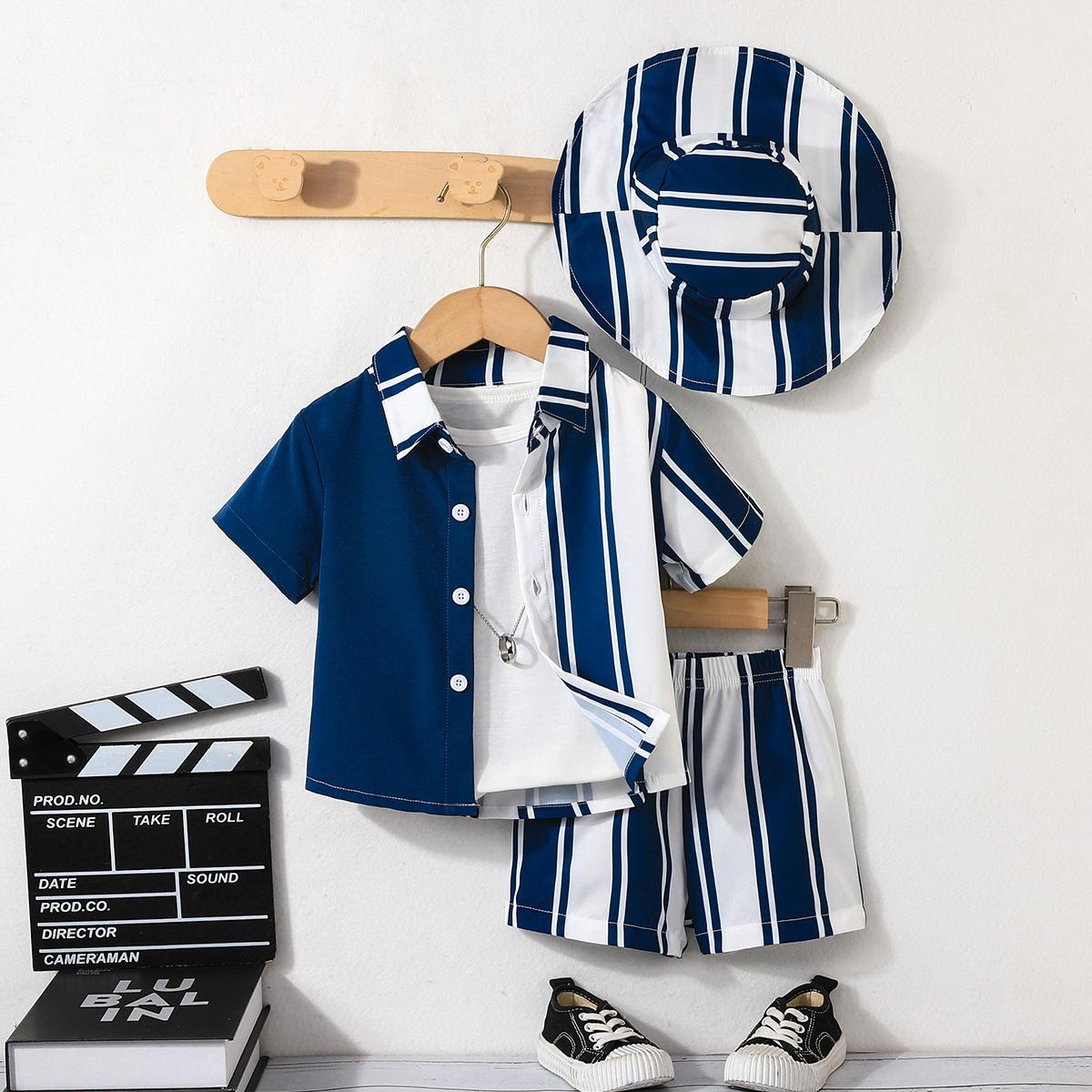 

Boys Color Block Striped 3Pcs Outfit with Hat 9-12M бездна