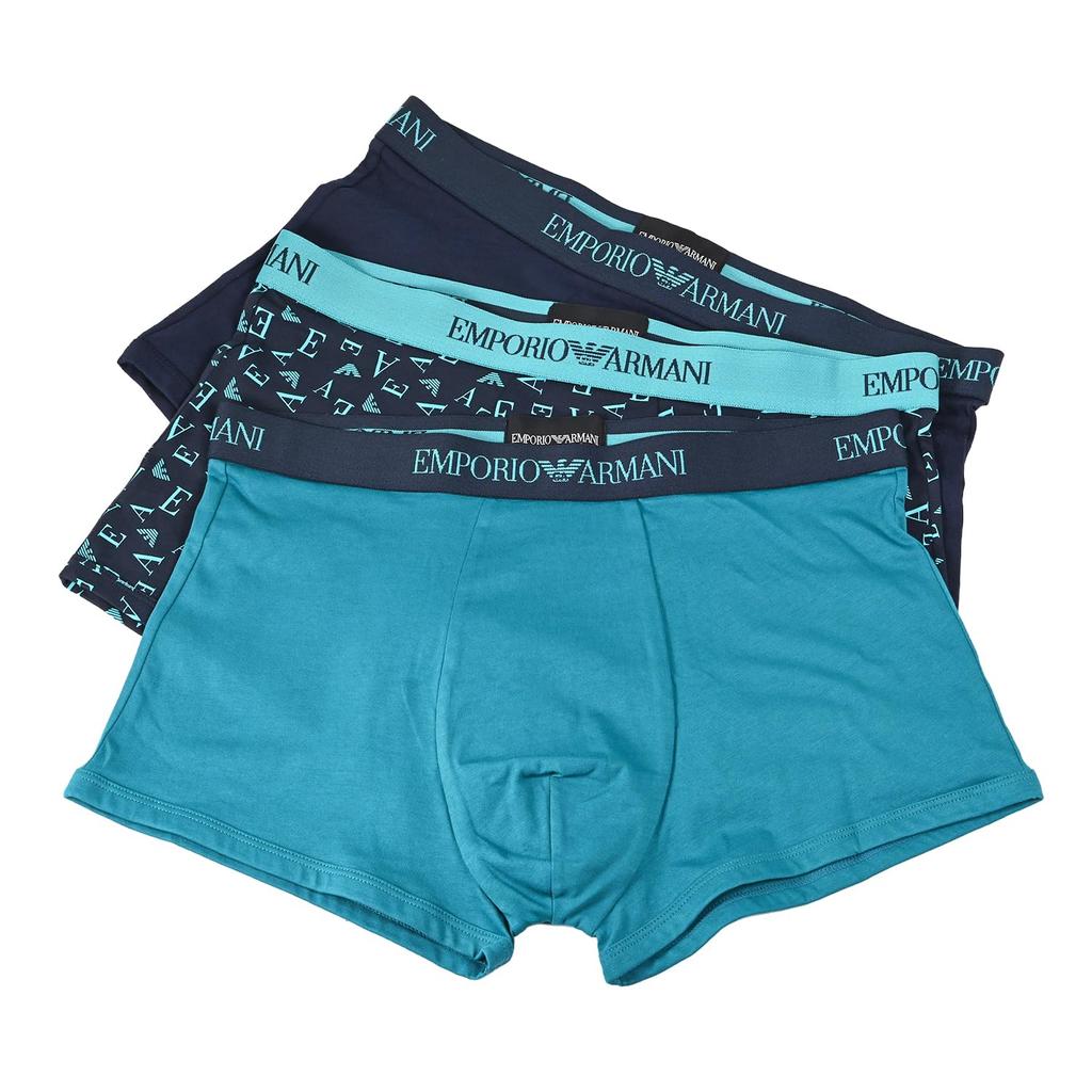 Emporio Armani Men's XL Boxer Briefs, Solid Color with Logo Print, 3-Piece Set, Blue, EM000260 AF10800 MB148, Made In Italy [Parallel Import]