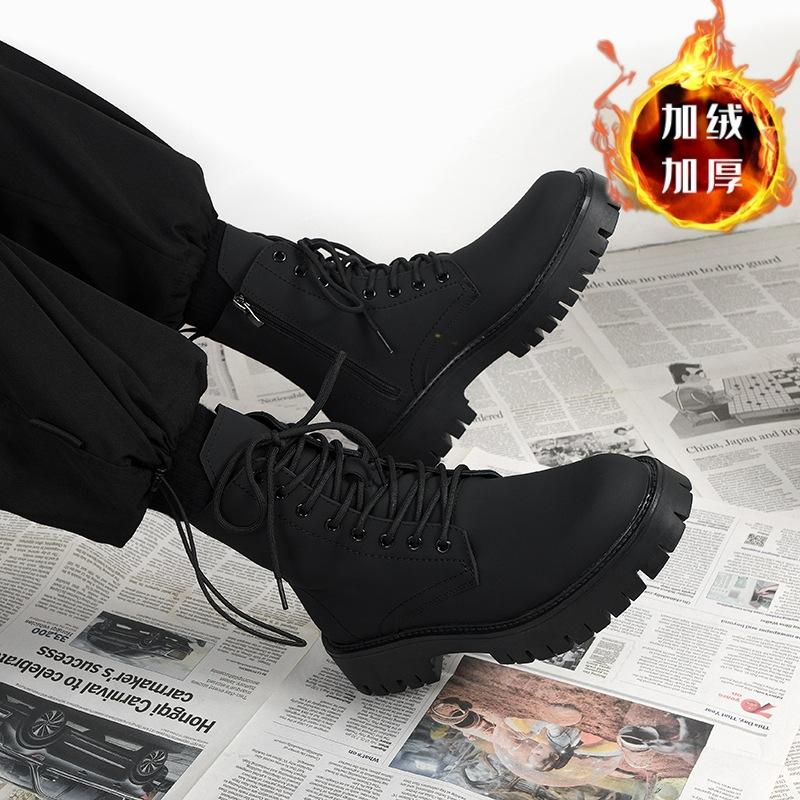 Martin Boots Men's Black High-top Leather Shoes 2 New Medium-top Locomotive Boots Boys Heightening Leather Boots