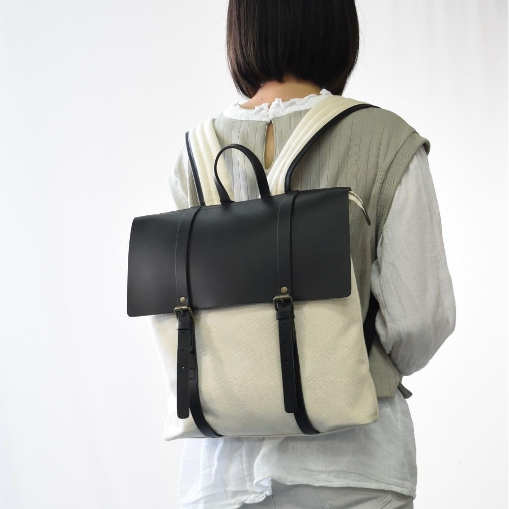 Chair Canvas and Leather Flap Black Leather and W32 x H36 x D7cm [Full Tuck] Backpack, Off-White Canvas, Size Approx.