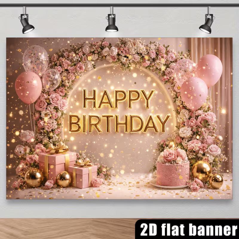 2D Rose Gold Floral Birthday Backdrop Pink Arch & Balloons Background for All Ages