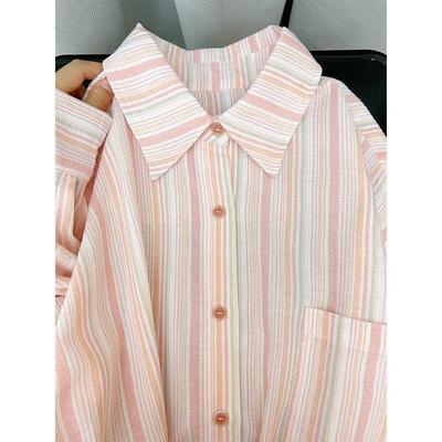 Korean Pink Striped Shirt Women's Long Sleeved Loose Versatile Ladies Top Summer Casual Thin Single Breasted Jacket