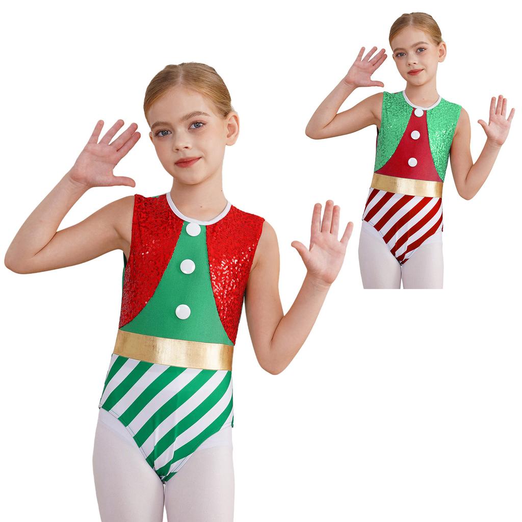 Kinder Mädchen Weihnachtskostüm Cosplay Tanz-Turnanzug Ärmelloser Jumpsuit Pailletten Streifen Gymnastik-Einteiler Body Weihnachtsmann Verkleidung