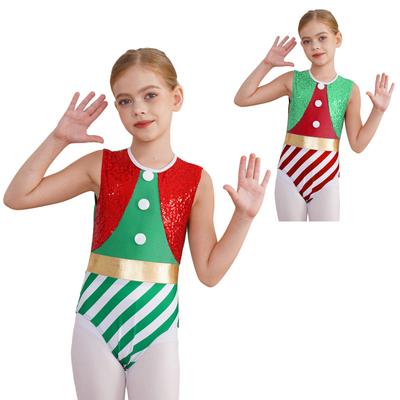 Kids Girls Christmas Costume Cosplay Dance Leotard Sleeveless Jumpsuit Sequins Stripes Gymnastic Unitard Bodysuit Santa Dress Up