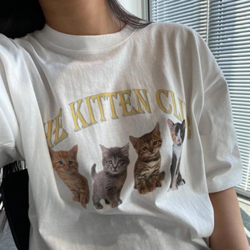 

Kawaii The Kitten Club Women T Shirt Streetwear White Cotton Short Sleeve Femme Graphic Tee Cute Grunge Tops S