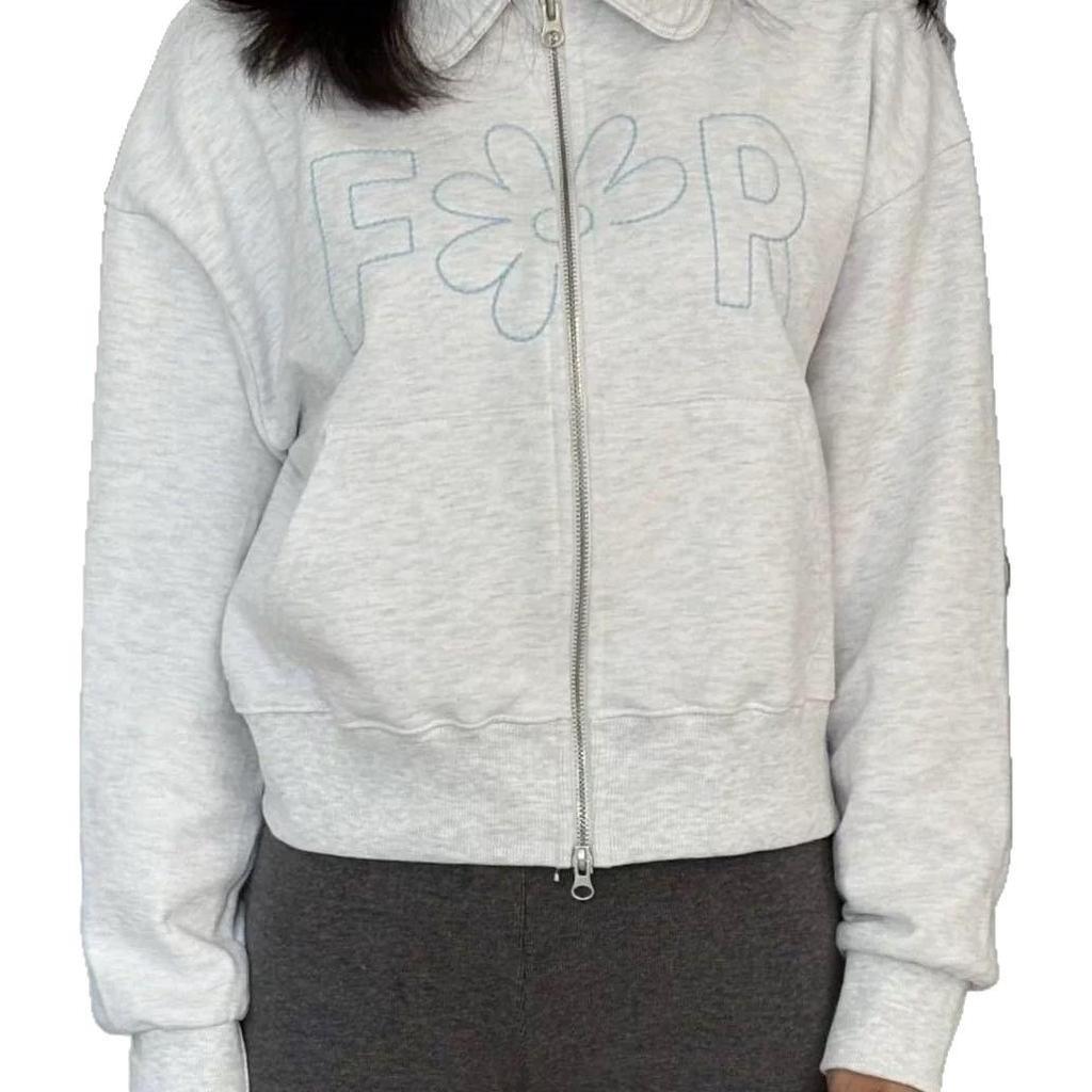In-Stock Korean Dongdaemun Floral Embroidered Zipper Cardigan Hoodie