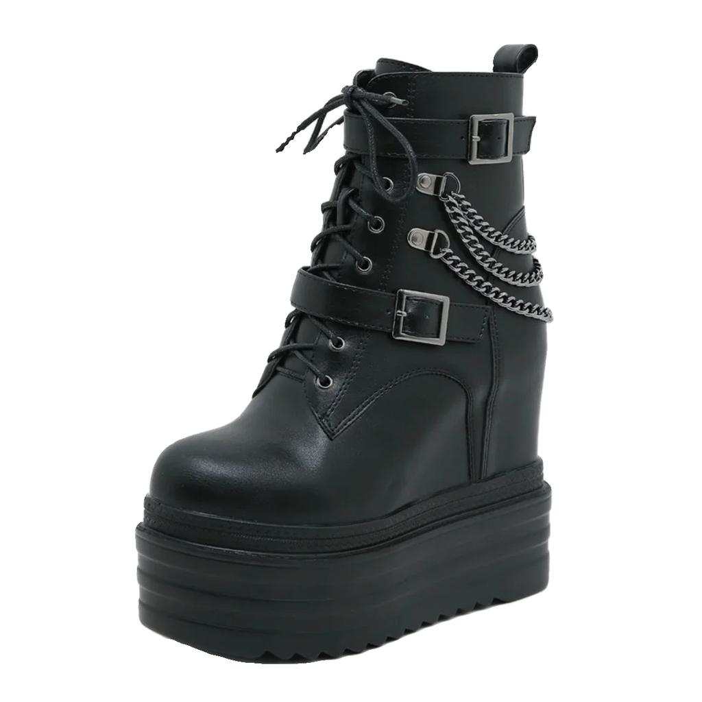 Fashion 14CM Gothic Black Ankle Boots For Women Plus High Heel Female Shoes Lace-Up Nigh Club Black Sexy Rivets Chain Short Boots