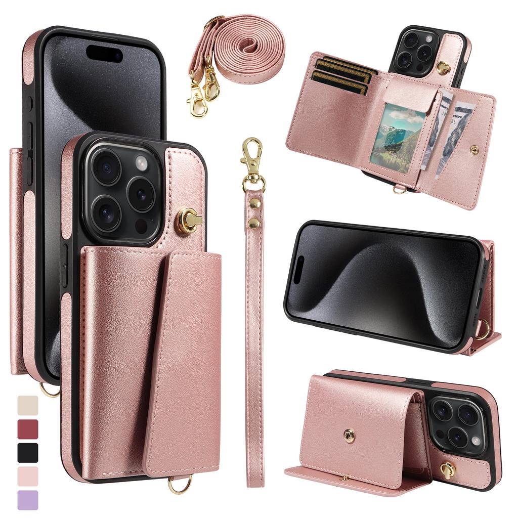 Wallet Shoulder Strap Phone Case For iPhone 16 15 14 13 12 11 Pro Max Fashion Lanyard Leather Card Slot Cover For 16 15 14 Plus