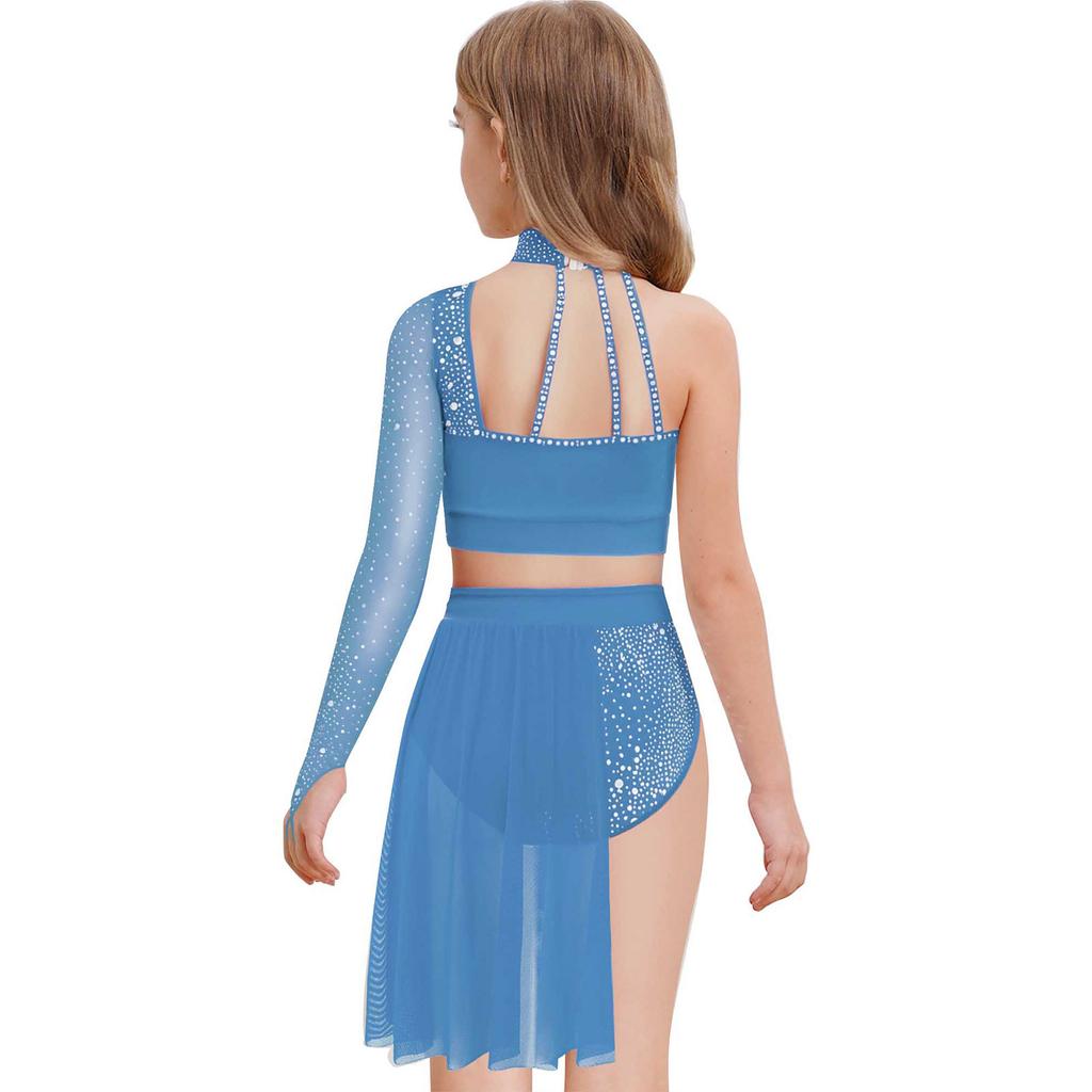 Mädchen Ein-Schulter Netz Langarm Glitzer Strass Crop Top Unregelmäßiger Rock Lyrisches Tanz Outfit Zeitgenössisches Performance Outfit