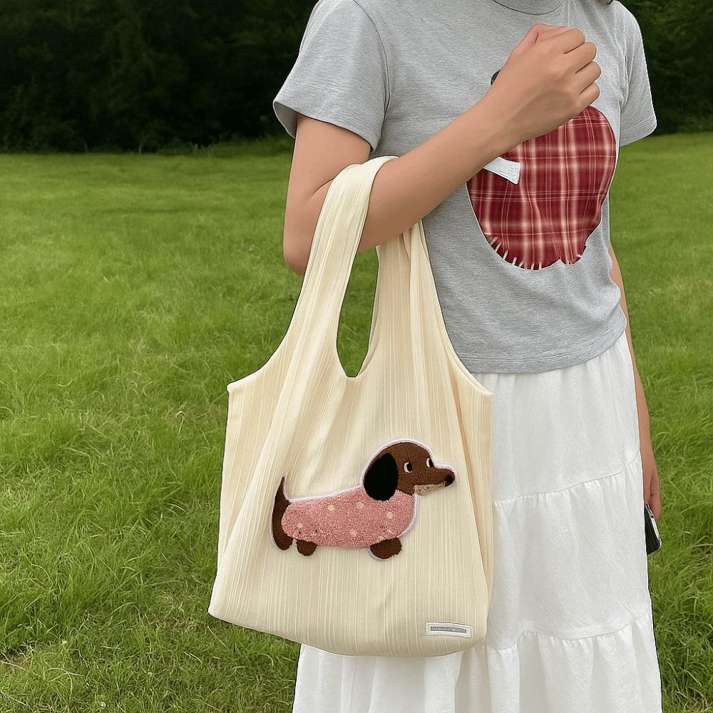 Korean Style Canvas Shoulder Bag Versatile Women's Armpit Bag Cartoon Animals Tote Bag  Female