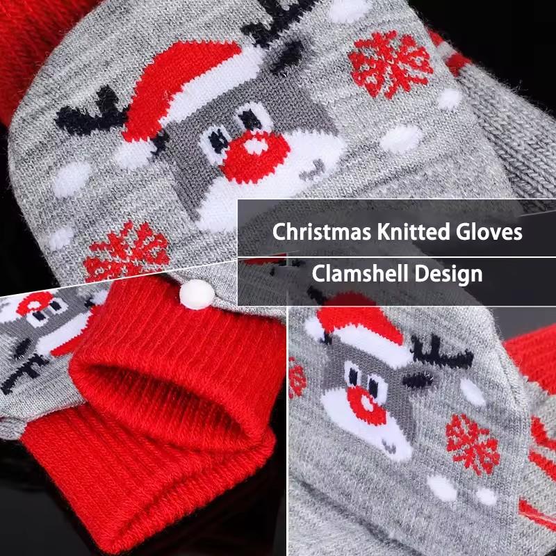 Red Christmas Fingerless Flip Gloves for Women Elk Christmas Tree Printed Holiday Atmosphere Warm Knitted Glove Student Supplies